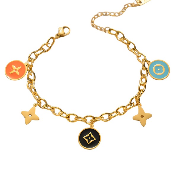 18K Gold Clover & Flower Candy Colored Enamel Chunky Chain Bracelet No Fade - Picture 1 of 6